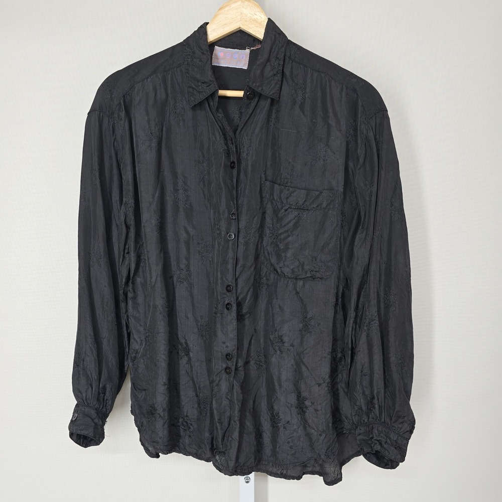 Ice Fire Black Floral Embroidered Button Down‎ Shirt Long Sleeve Blouse Womens